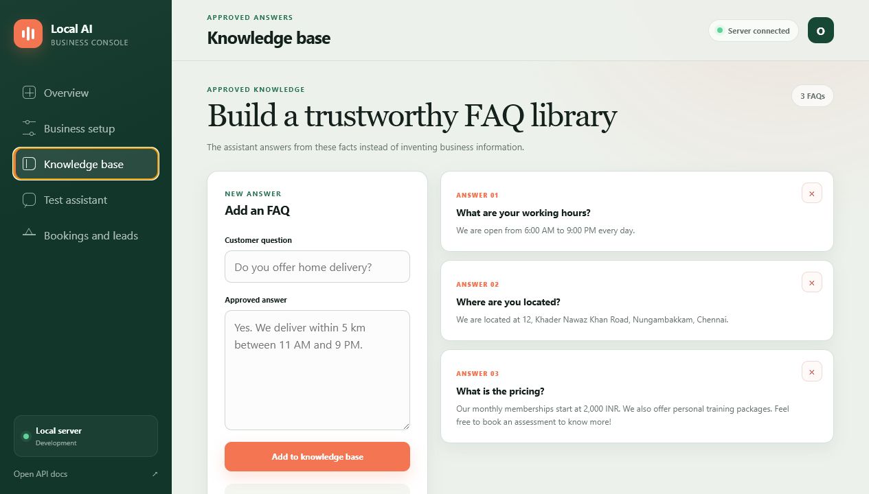 Owner-approved FAQ knowledge base
