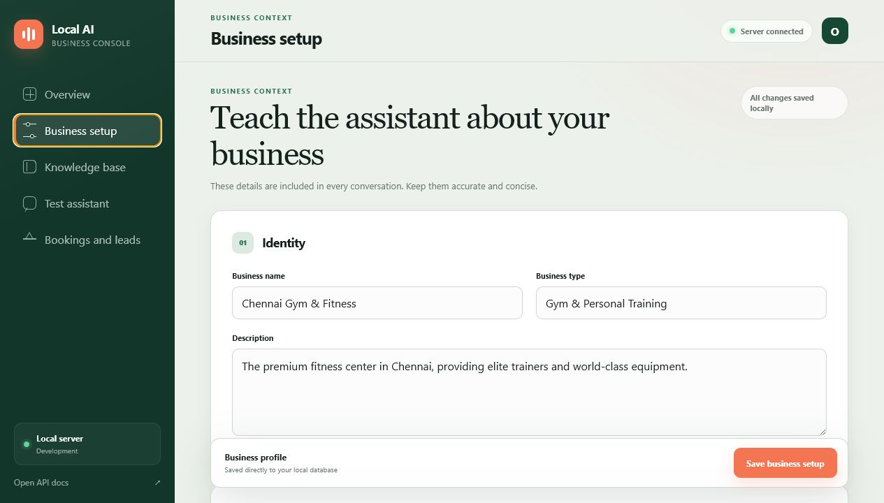Business setup and booking configuration
